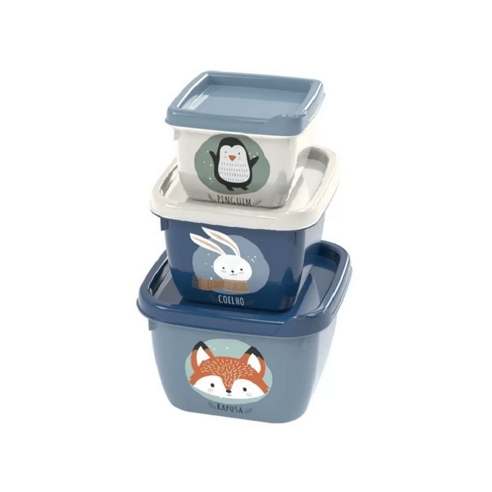 Kit 3 Potes Conect Quadrados Decorados para Organização - Plasútil BPA Free