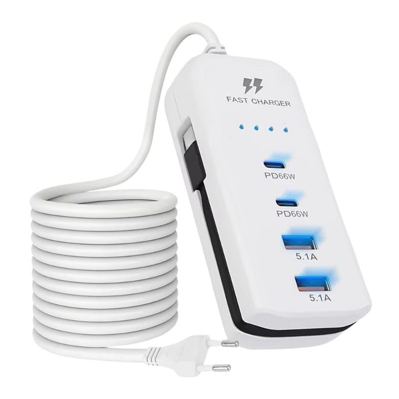 Extensão 4 Portas USB-C PD 66W + USB-A: Carregamento Rápido e Organização Total