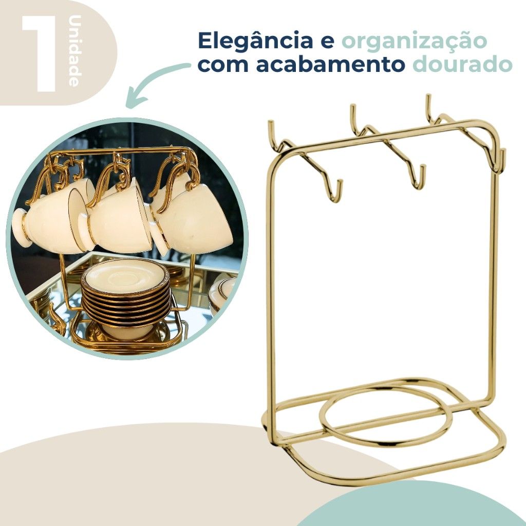 Organizador de Xícaras Dourado: Elegância e Praticidade