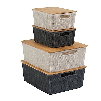 Organize com Estilo: Kit 4 Caixas Bambu Branco/Cinza