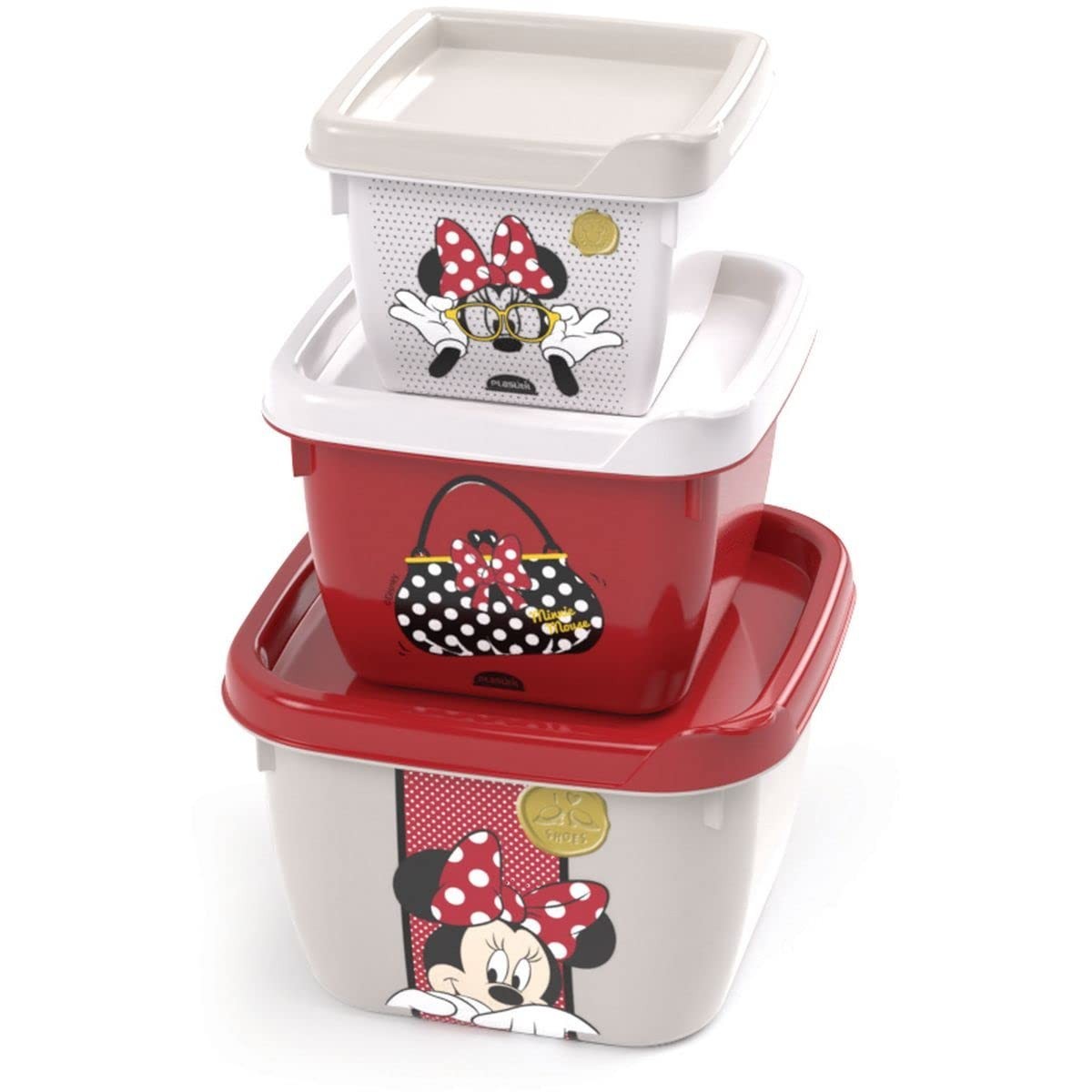 Conjunto de 3 Potes Conect Quadrados com Tema Minnie - Organize com Estilo e Segurança