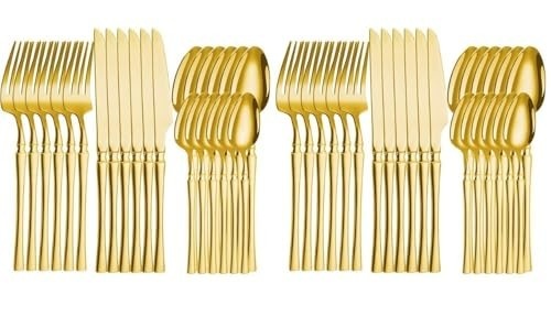 Jogo de Talheres 24 ou 48 Peças em Aço Inox Dourado – Faqueiro Completo com Garfos, Colheres e Facas Premium