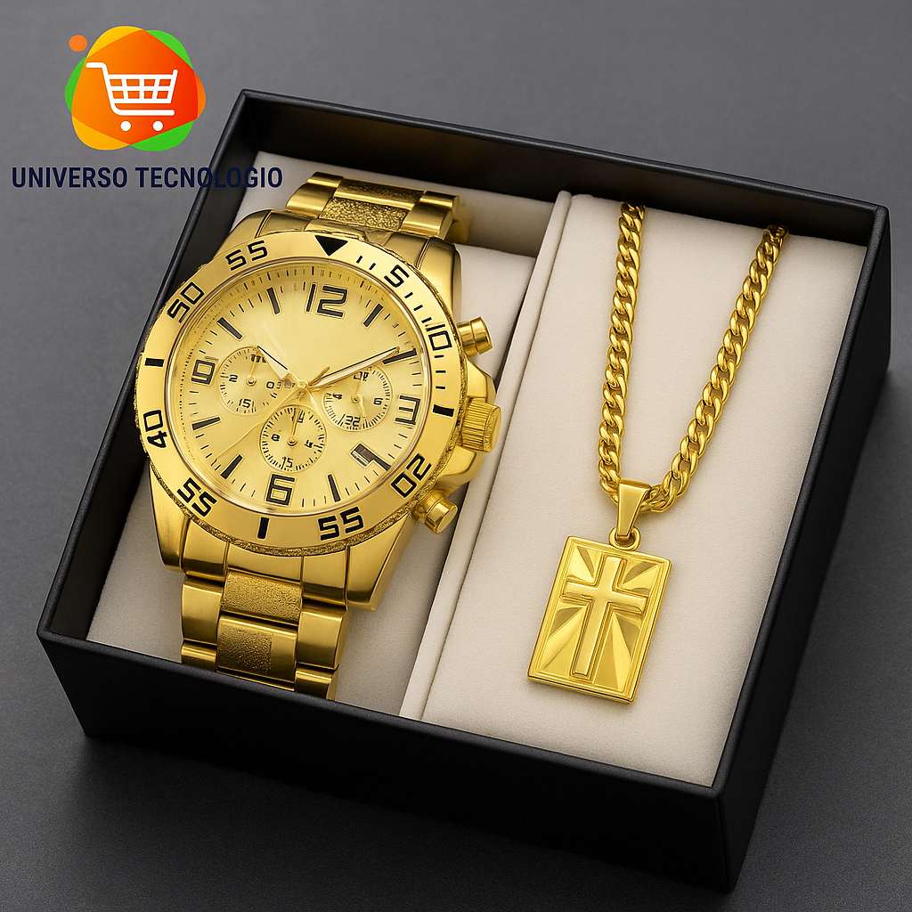 Relógio Masculino Kit Luxo com Corrente e Pulseira Banhadas a Ouro