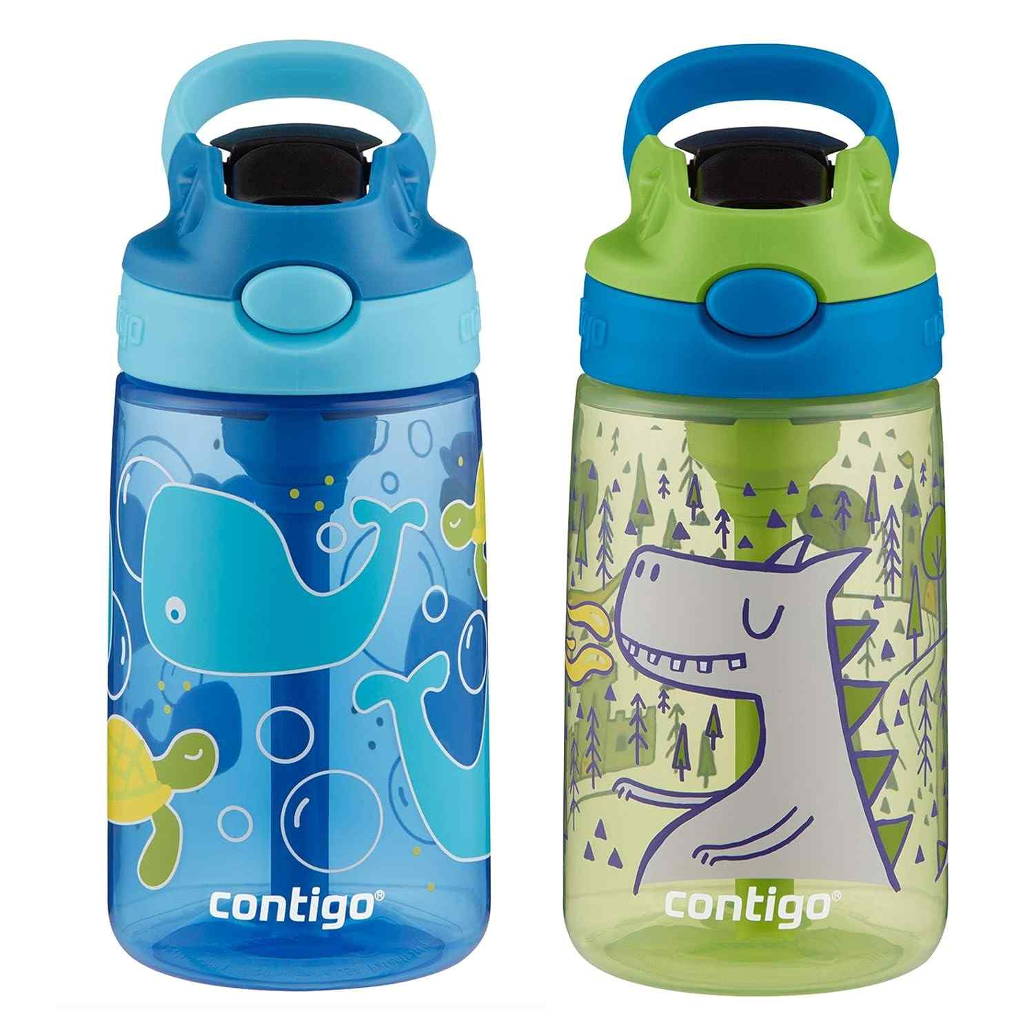 Garrafa Contigo Aubrey com Canudo 400ml - Pacote com 2 Unidades | Design Infantil Baleia e Dragão