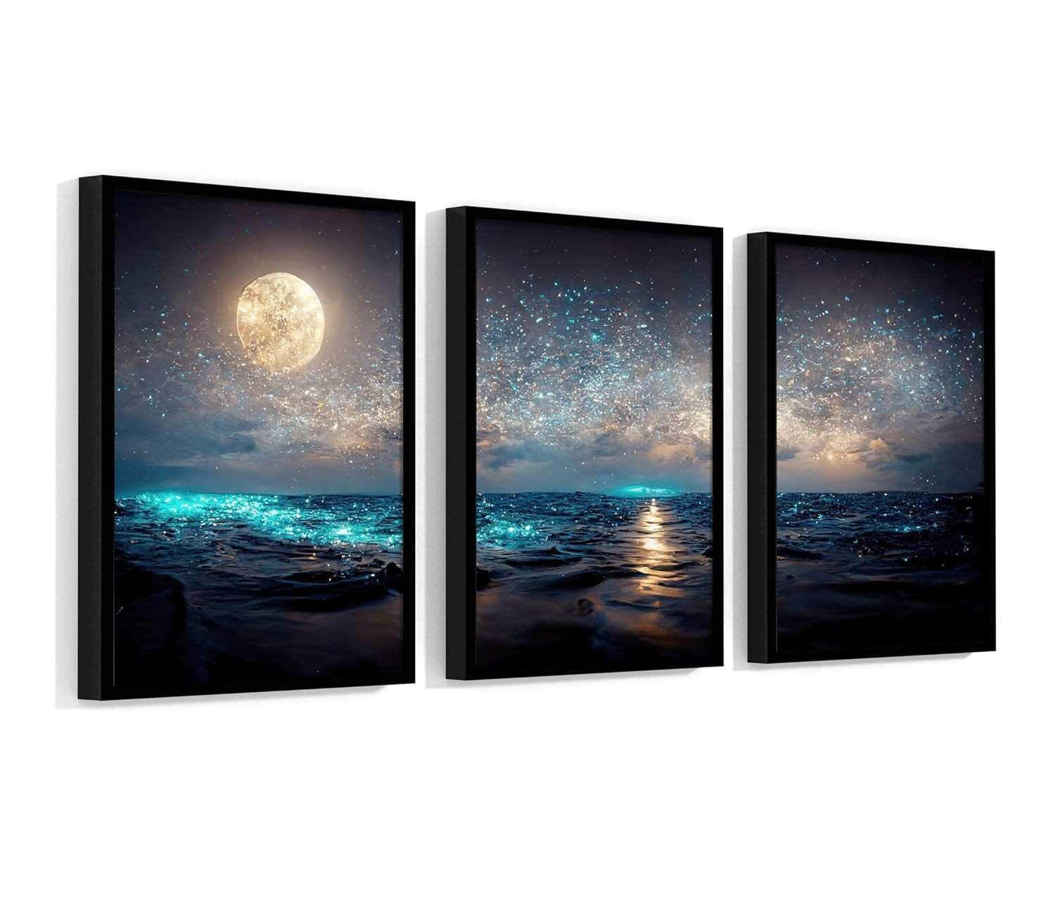 Kit 3 Quadros com Moldura - Paisagens Oceânicas e Céus Estrelados 40x60cm