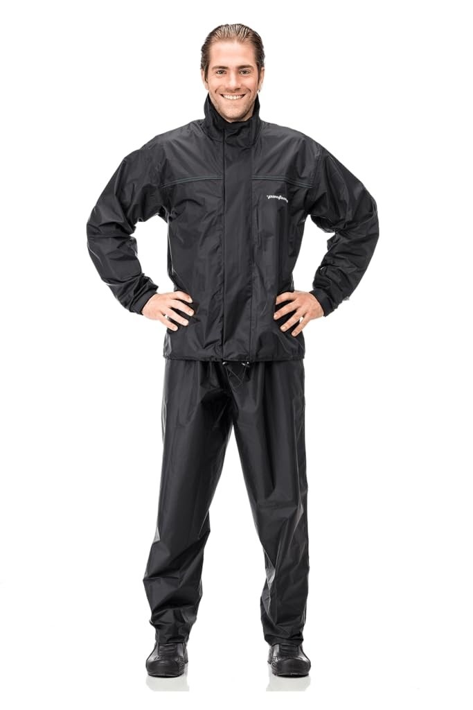 Capa de Chuva de Nylon com Gola PANTANEIRO 1000, Conjunto Impermeável para Motociclista, Preto, Jaqueta e Calça de Chuva com Faixa Refletiva, para Uso Externo
