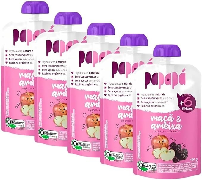 Kit 5 Papinha Orgânica Maçã e Ameixa Sem Açúcar 100g - Papapá