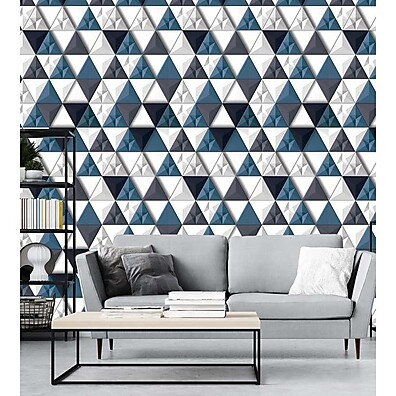 Papel de Parede 3D Triângulos Branco Azul e Cinza