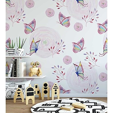 Papel de Parede Borboletas e Flores Roxo e Branco