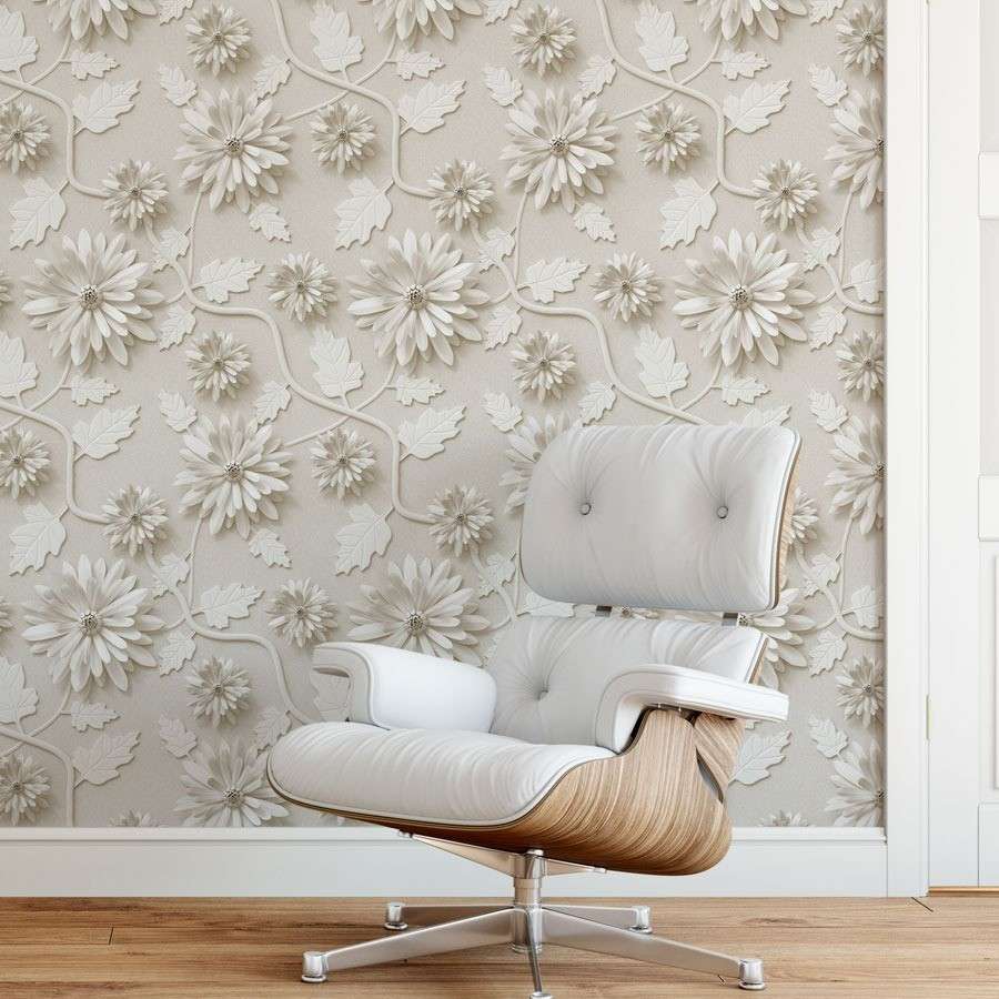 Papel de Parede Floral 3D Bege: Transforme Seu Espaço!