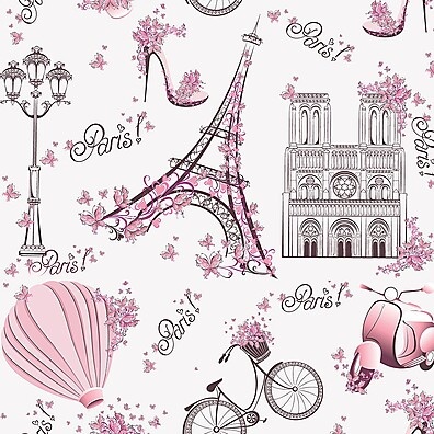 Papel de Parede Infantil Paris Rosa com Lambretas e Flores