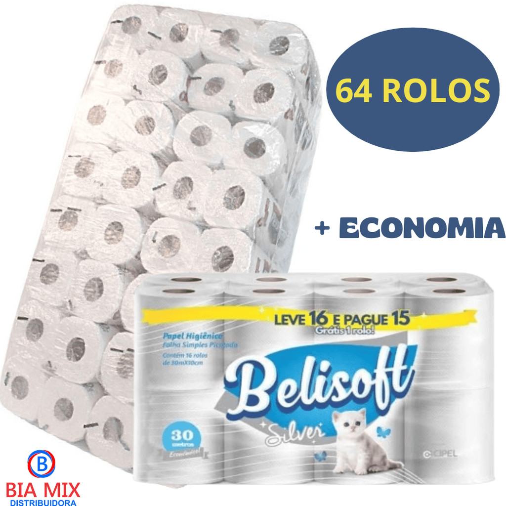Papel Higiênico Belisoft Silver BR II: 64 Rolos de 30m em 4 Pacotes