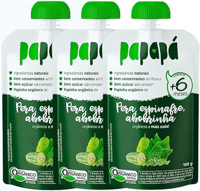 Kit com 3 Pouchs de Papinha Orgânica de Pera, Espinafre e Abobrinha de 100g cada - Papapá