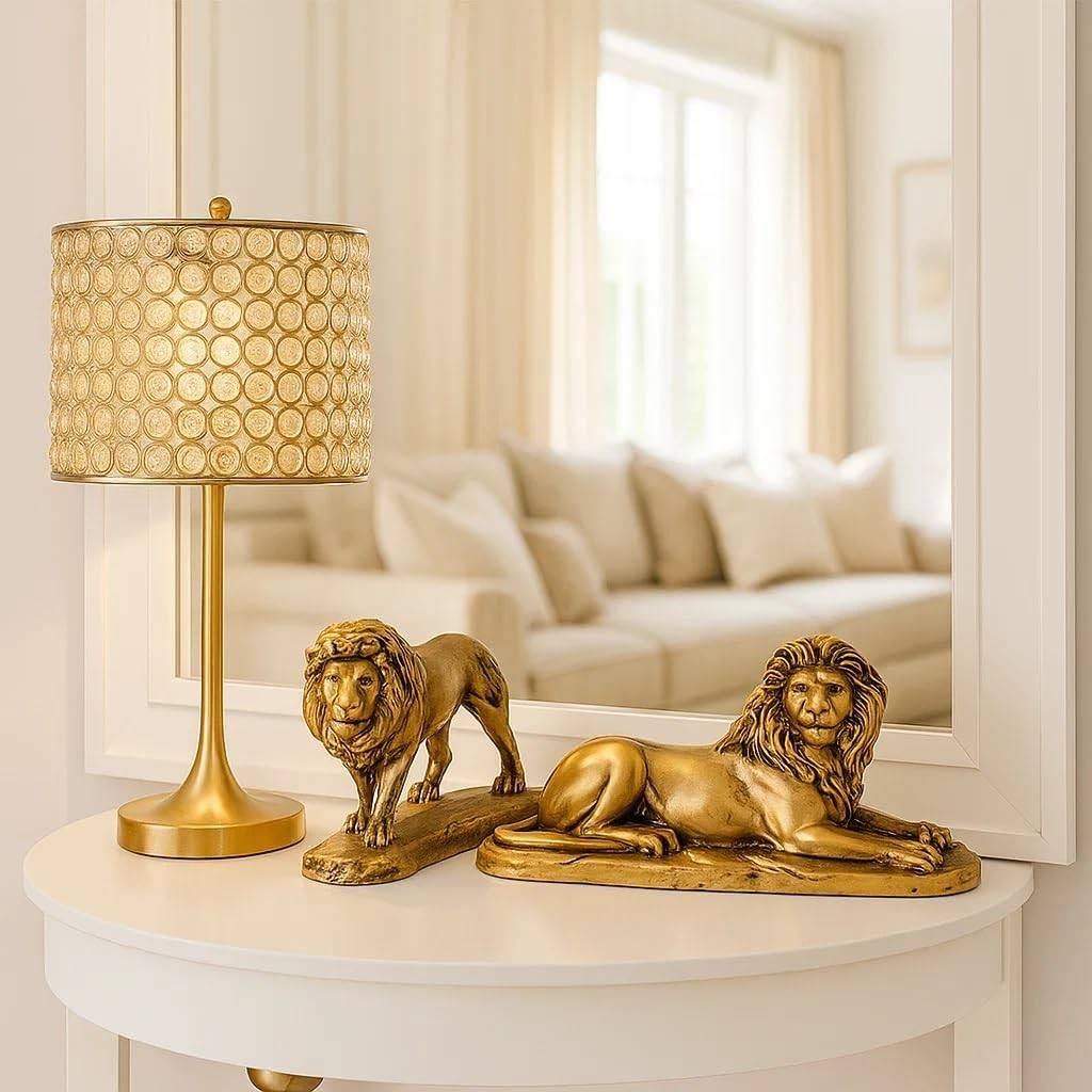 Kit Estátuas Decorativas de Leão em Bronze Dourado - Par de Esculturas Clássicas para Decoração de Ambientes