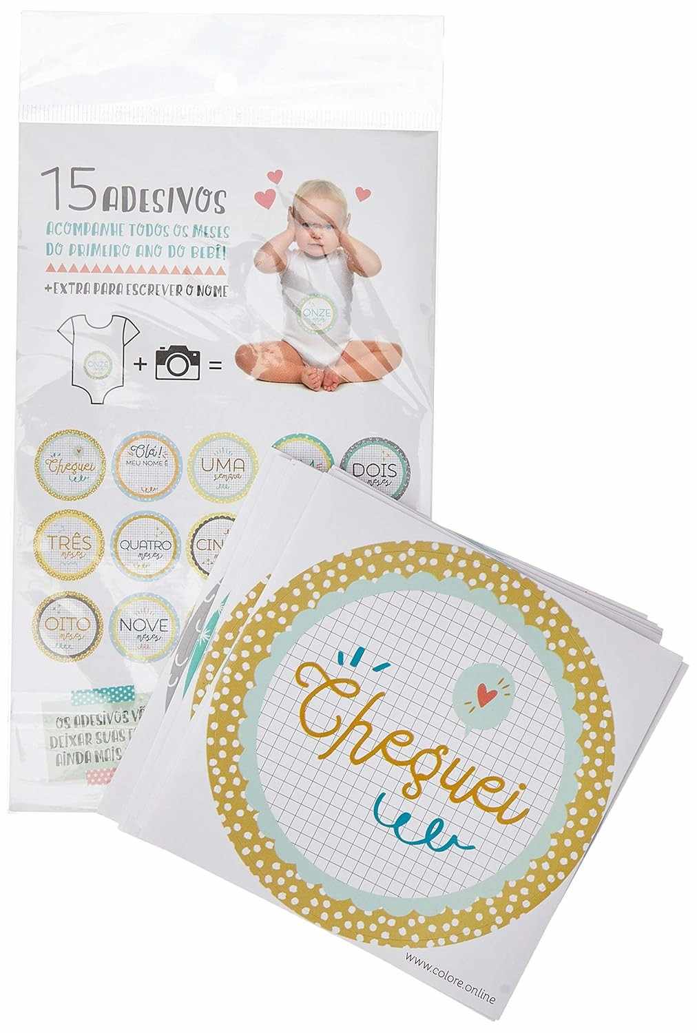 Adesivos Mesversário Bebê Pastel Colore - 15 Unidades com Estampas Fofas para Registrar o Primeiro Ano