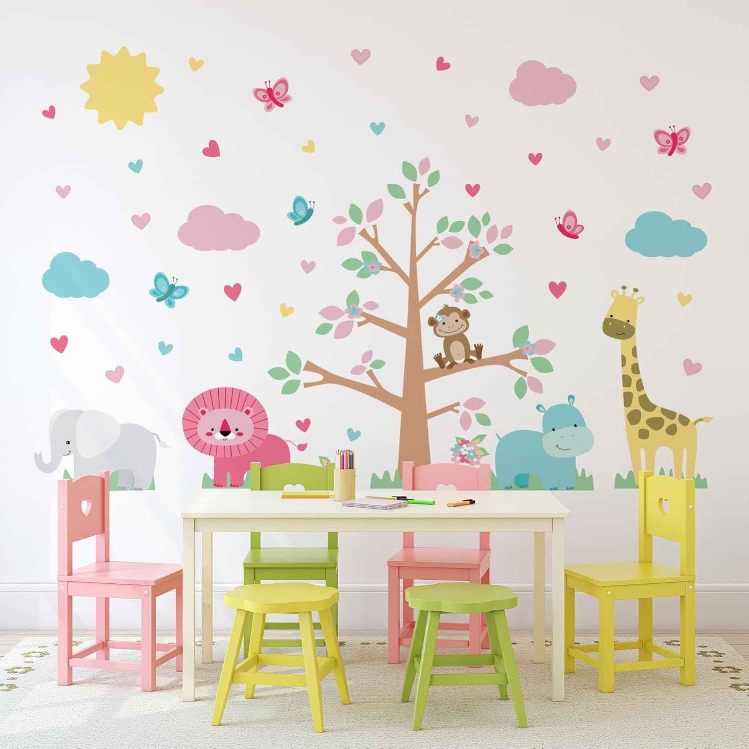 Adesivo de Parede Infantil Safari para Quarto de Menina - 43 Peças Coloridas com Árvore de 101x120cm