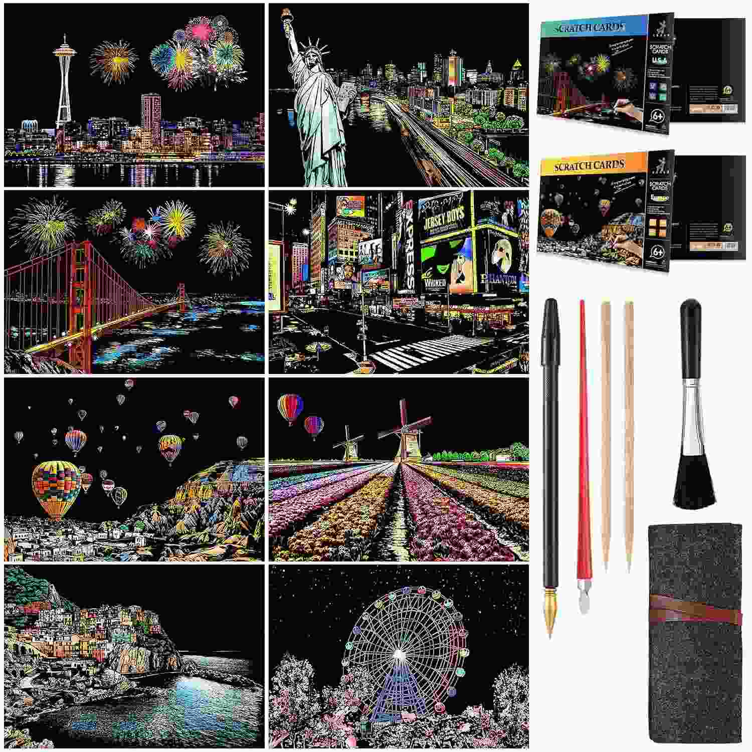 Kit de Pintura Scratch para Adultos e Crianças - 8 Cartões A4 com Ferramentas Coloridas