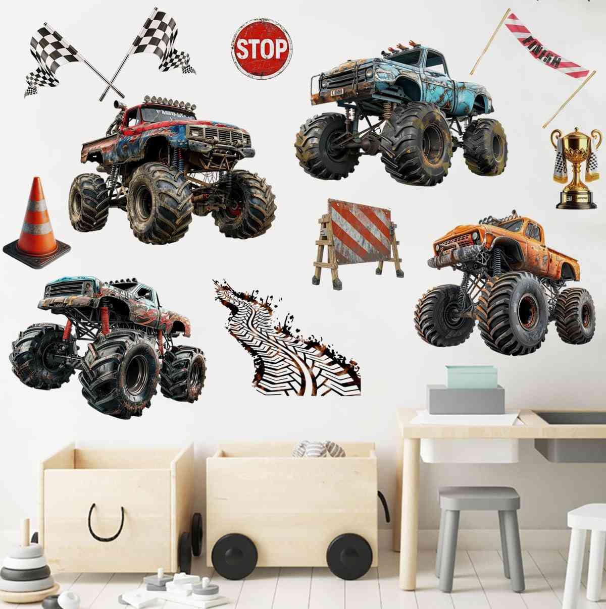 Adesivos de Parede Monster Truck para Decoração Infantil - Tema de Corrida Retro para Quarto de Meninos