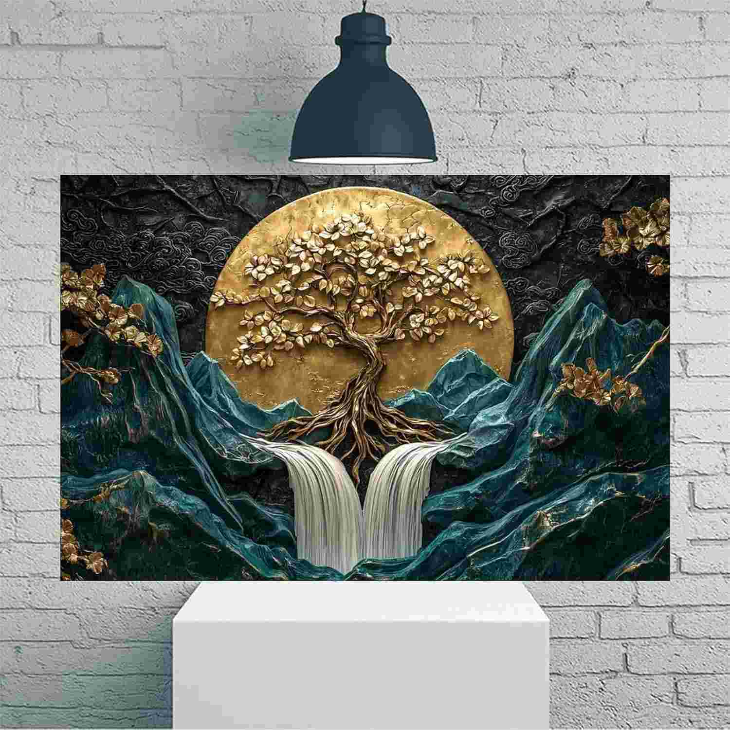 Arte de Parede Vintage Golden Tree Waterfall Mountains - Tela Rústica 30x45cm para Decoração Moderna