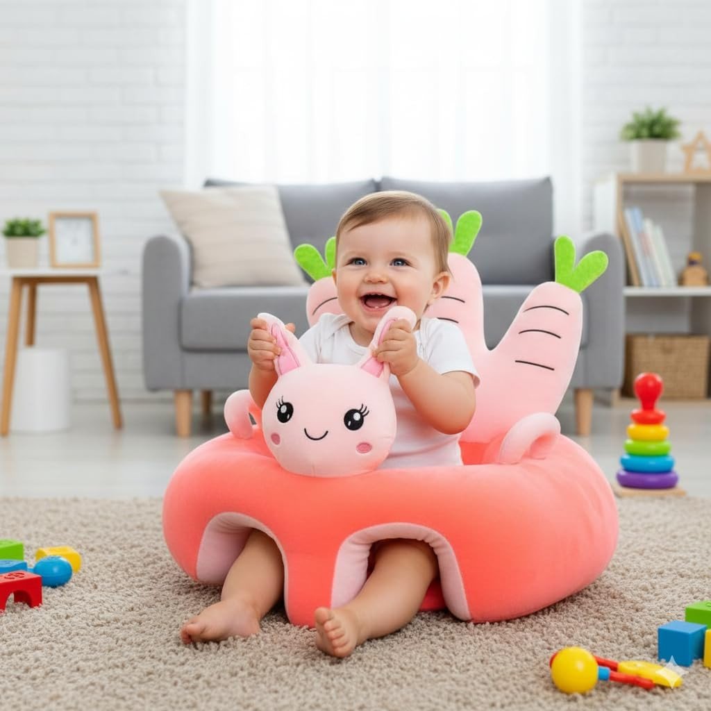 Almofada Infantil de Apoio para Bebê - Coelha Rosa | Auxílio Seguro para Sentar e Conforto