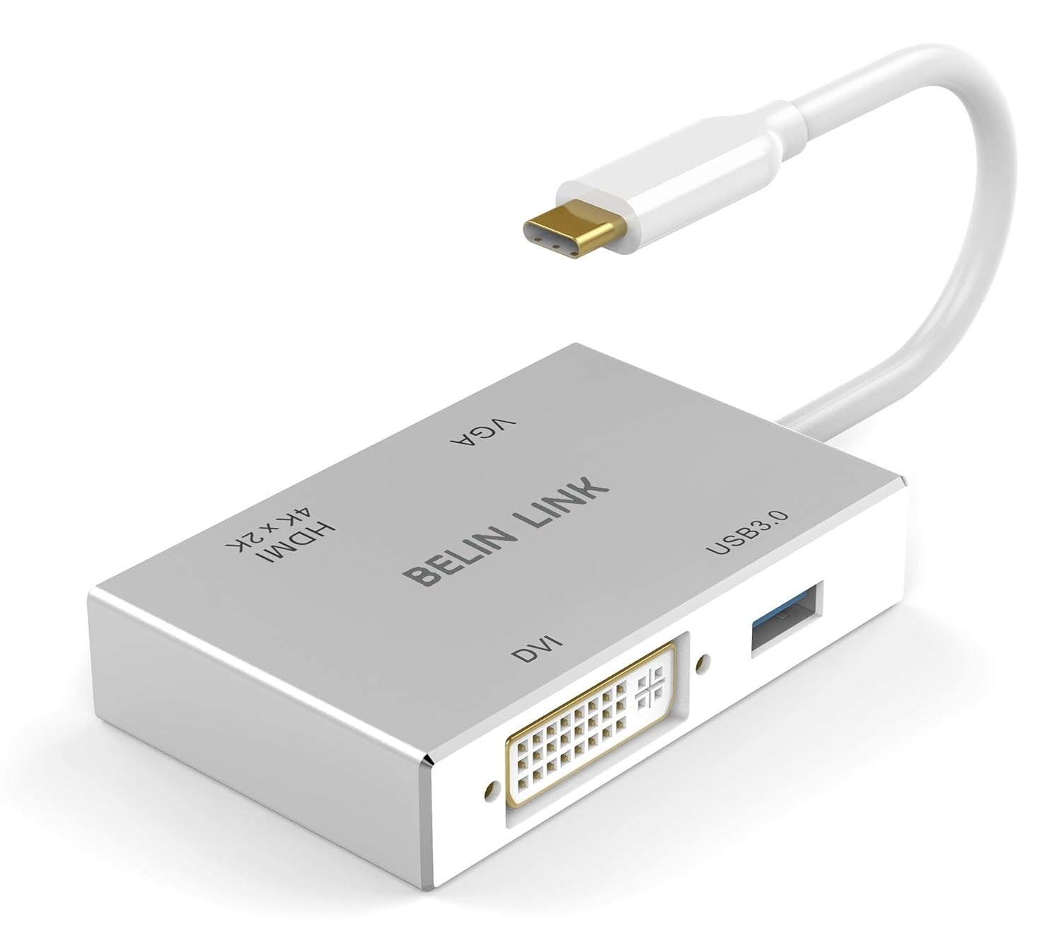 Adaptador USB-C 4 em 1: HDMI, DVI, VGA e USB 3.0 para Conexões Amplas e 4K