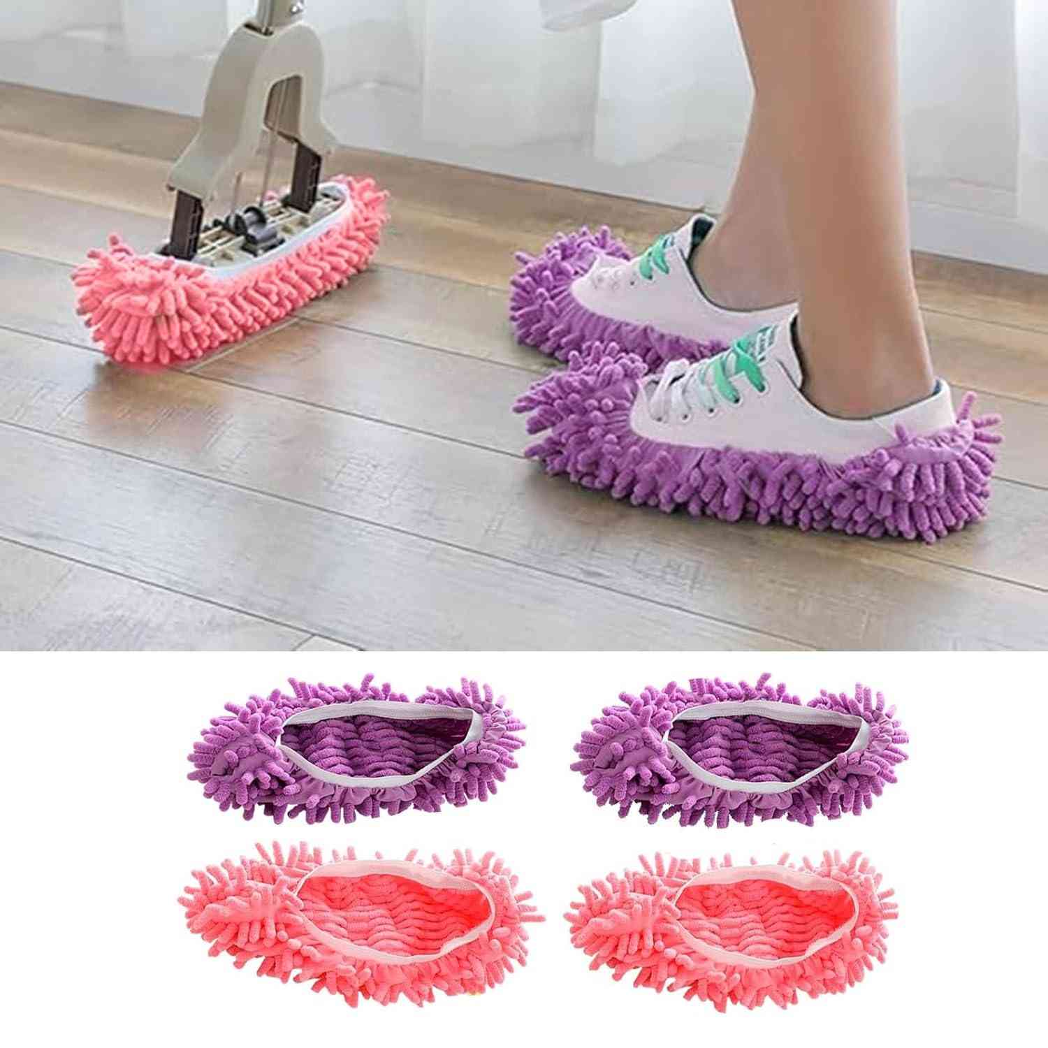 2 Pares de Chinelos Laváveis com Capa de Microfibra para Limpeza de Pó e Pêlos - Esfregão de Passo Confortável para Casa e Cozinha
