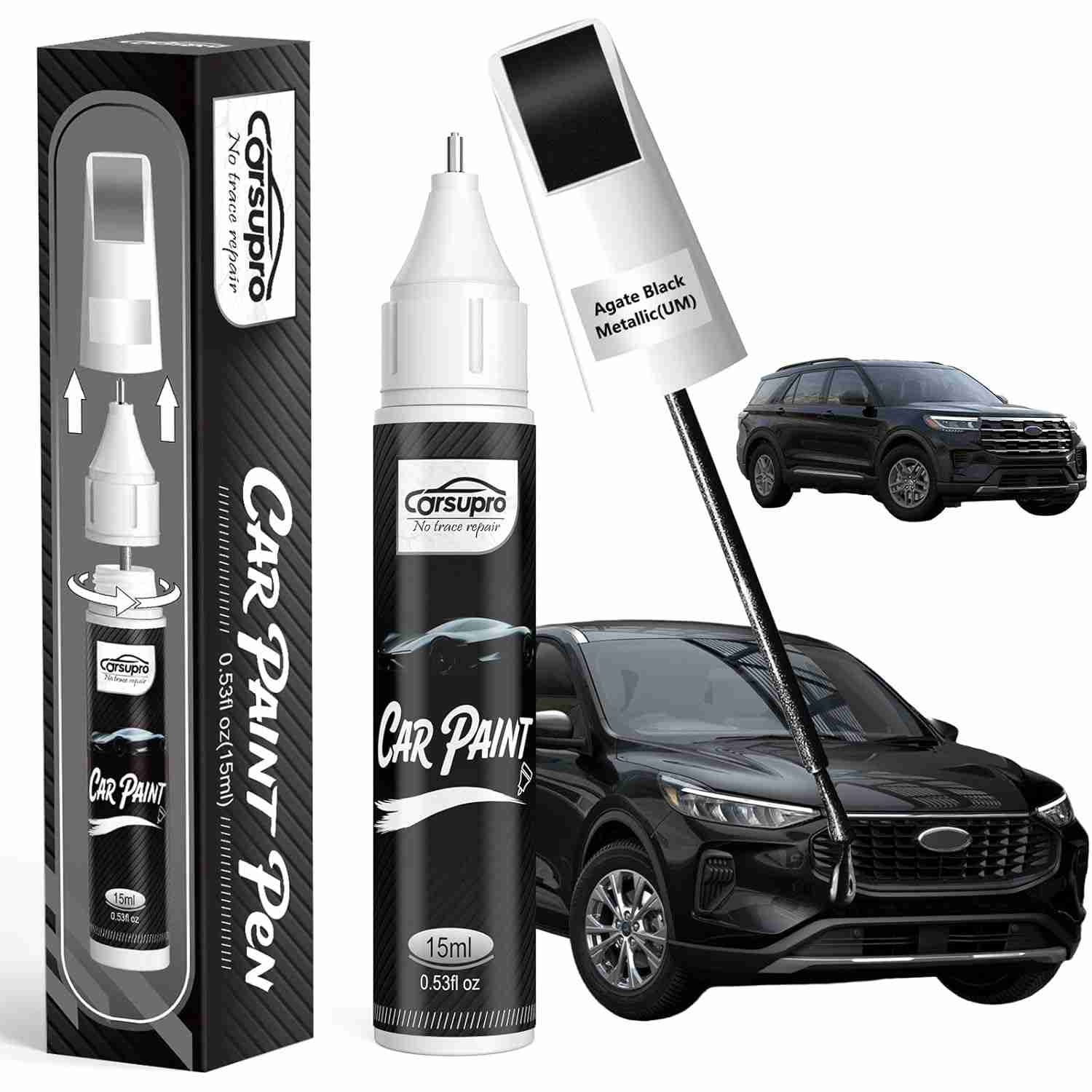 Caneta de Retoque para Carro - Ágata Preta Metálica Ford 2 em 1 com Pincel e Ponta de Caneta
