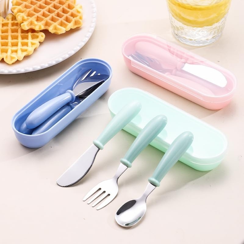 Conjunto de Talher Infantil com Estojo - Colher, Garfo e Faca Seguros para Bebês