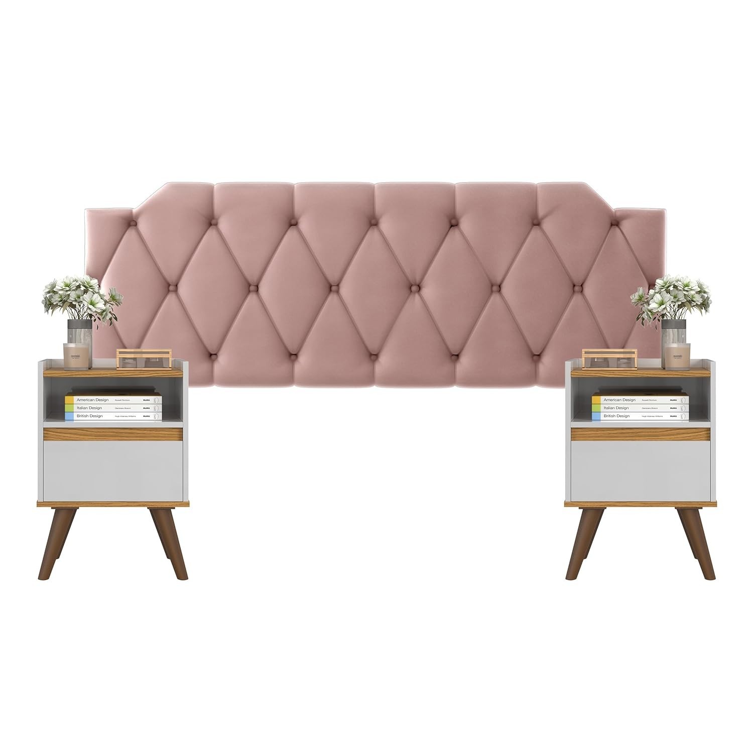 Conjunto Mesa de Cabeceira com Gaveta + Cabeceira Estofada Box para Cama Queen Size Rose - Design Moderno e Funcional
