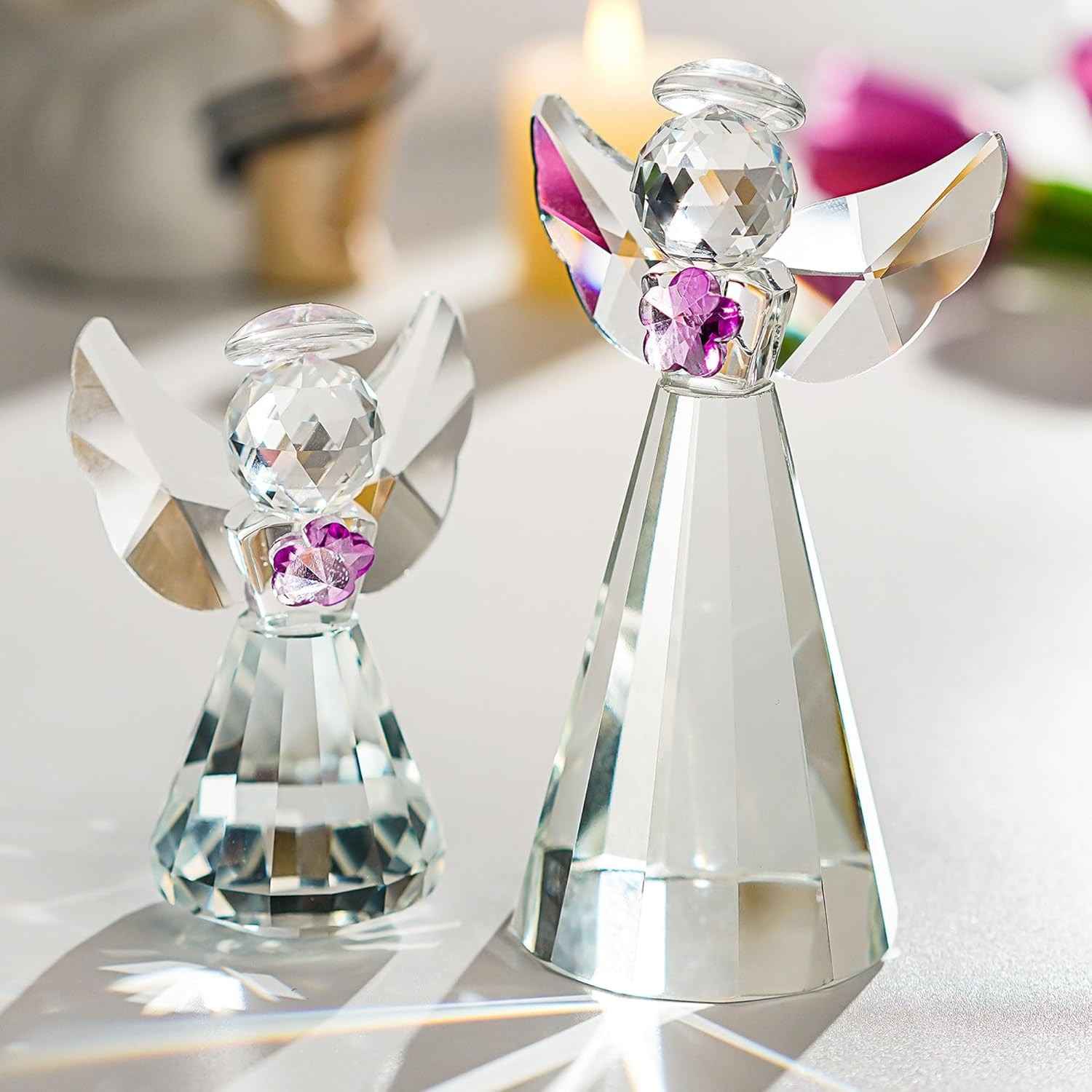 Anjos da Guarda em Cristal K9 - Estátuas Decorativas com Flores Roxas para Casa e Presente