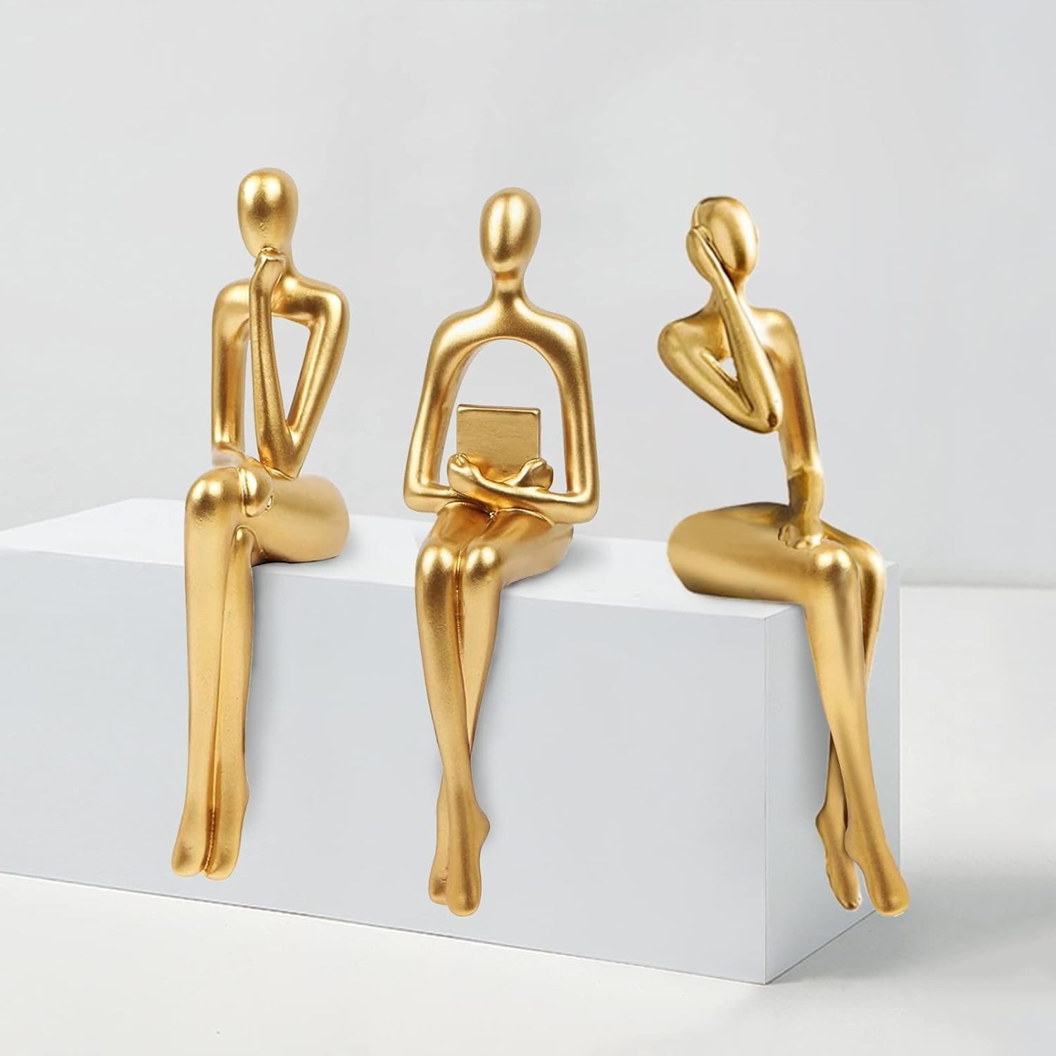3 Peças Estátua de Pensador Dourada em Resina - Decoração Abstrata para Casa e Escritório
