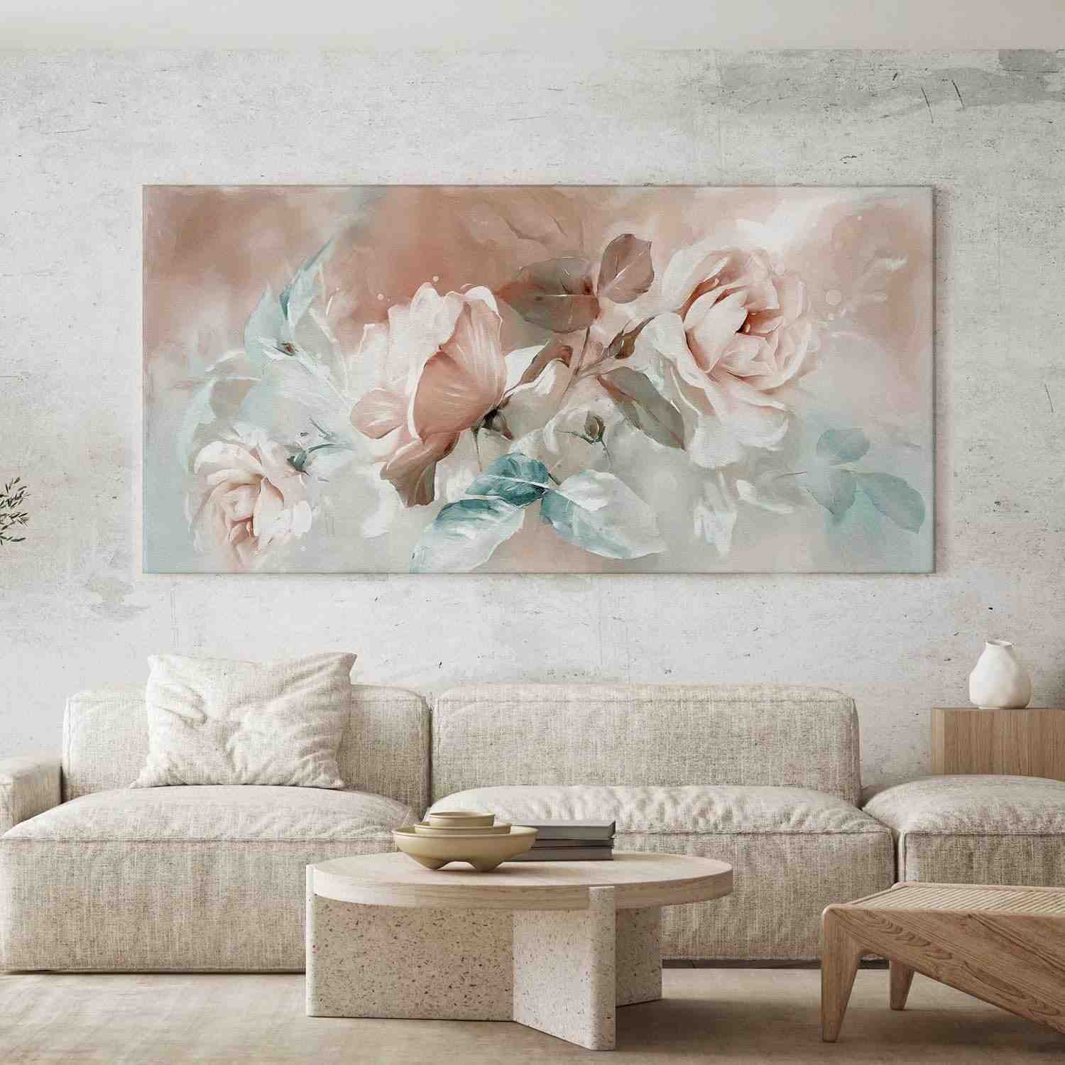 Quadro Decorativo Arte Floral Rosa e Azul - 130x70cm - Tela Abstrata para Sala, Quarto ou Hall