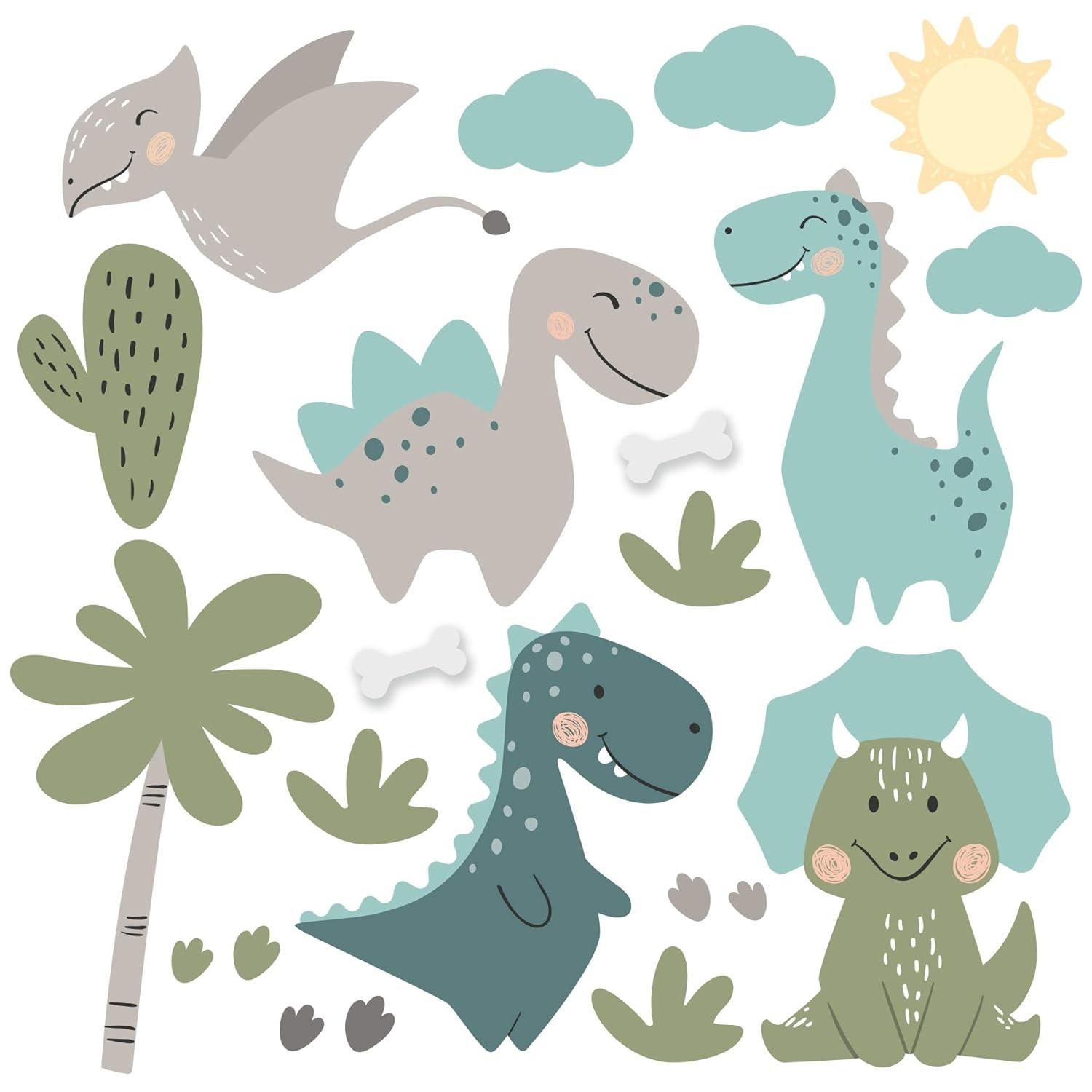 Adesivo de Parede Dinossauros Jurassic Baby - Kit com 63 Peças para Decoração Infantil