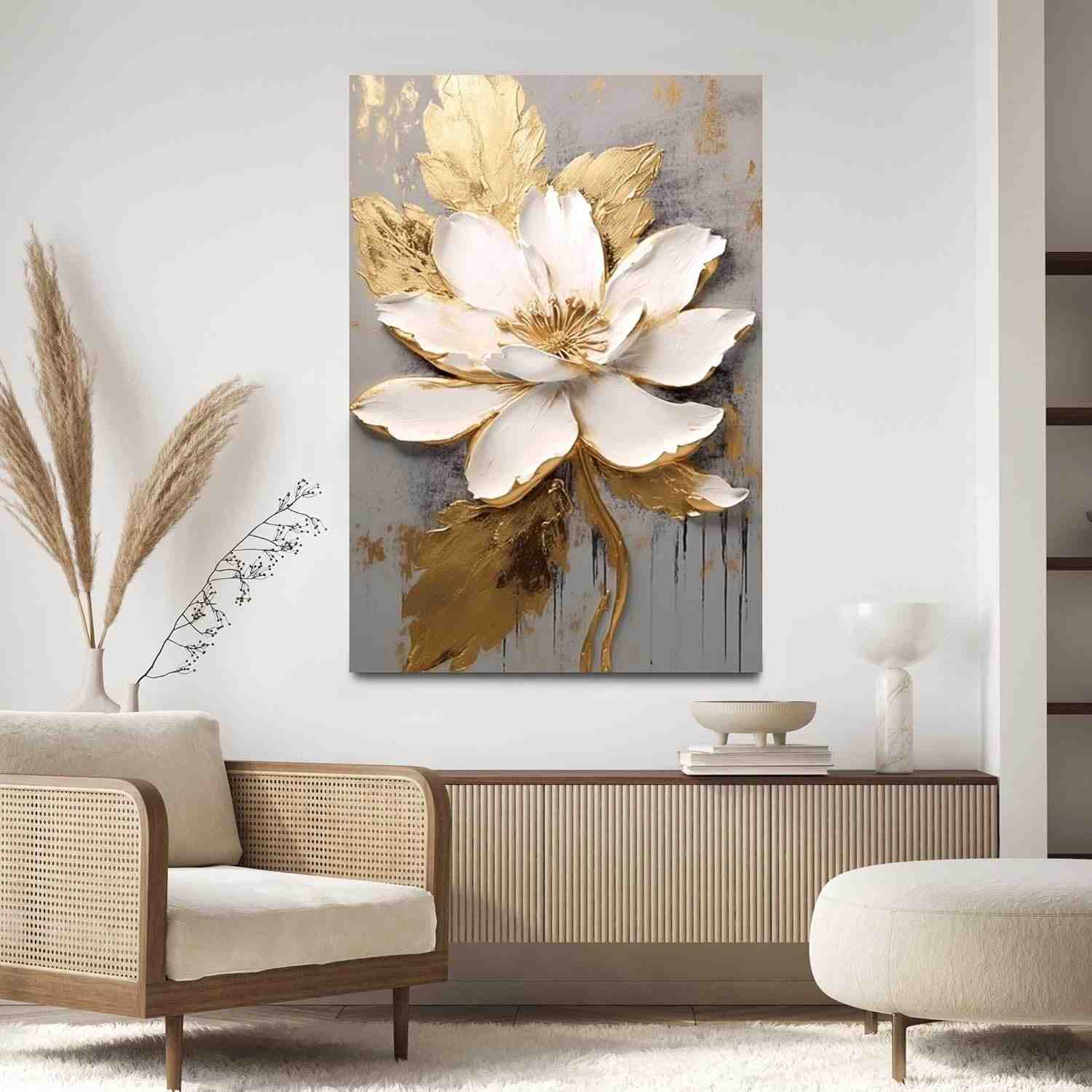Quadro Decorativo Flor Dourada 90x60cm - Elegância Floral para Sala, Quarto e Hall