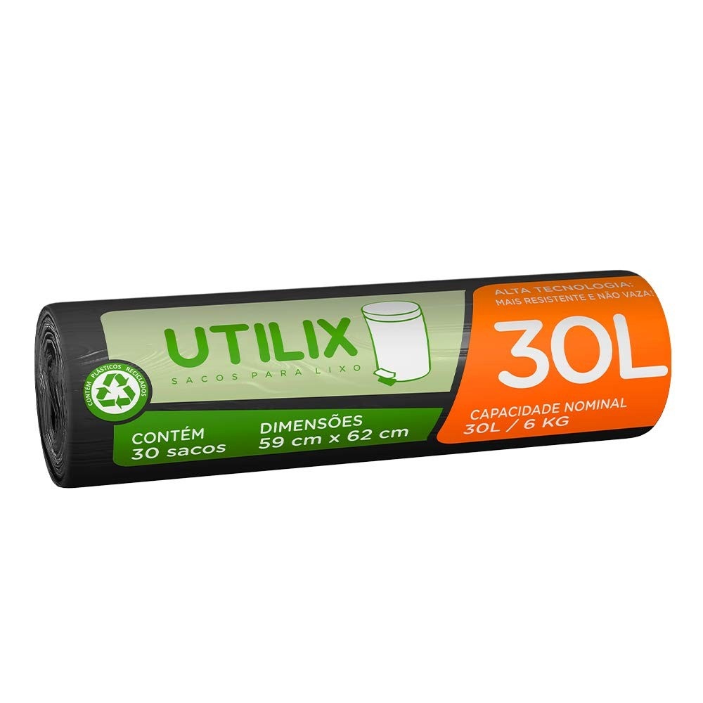 Saco para Lixo 30L Utilix - Rolos com 30 Unidades, Preto, Alta Resistência e Tecnologia Anti-Vazamento