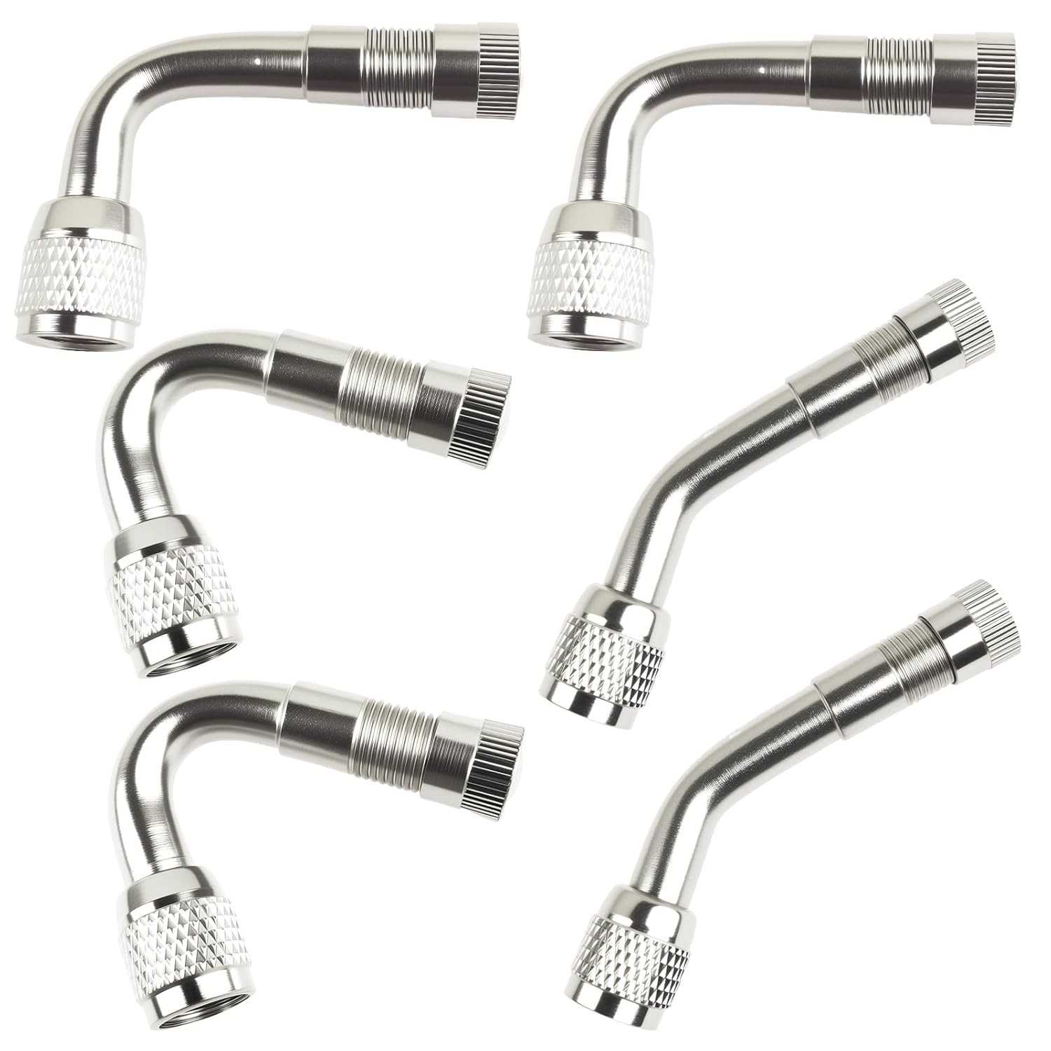 Extensor de Válvula de Pneu Heran 6 Peças: Ângulos 45°, 90°, 135° para Carros, Motos e Trailers