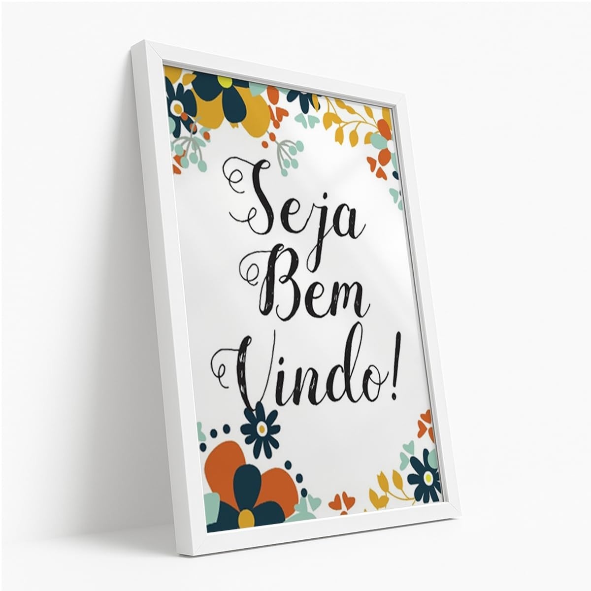 Quadro Decorativo Seja Bem-Vindo com Moldura - Estampa Floral Colorida Acolhedora para Entrada