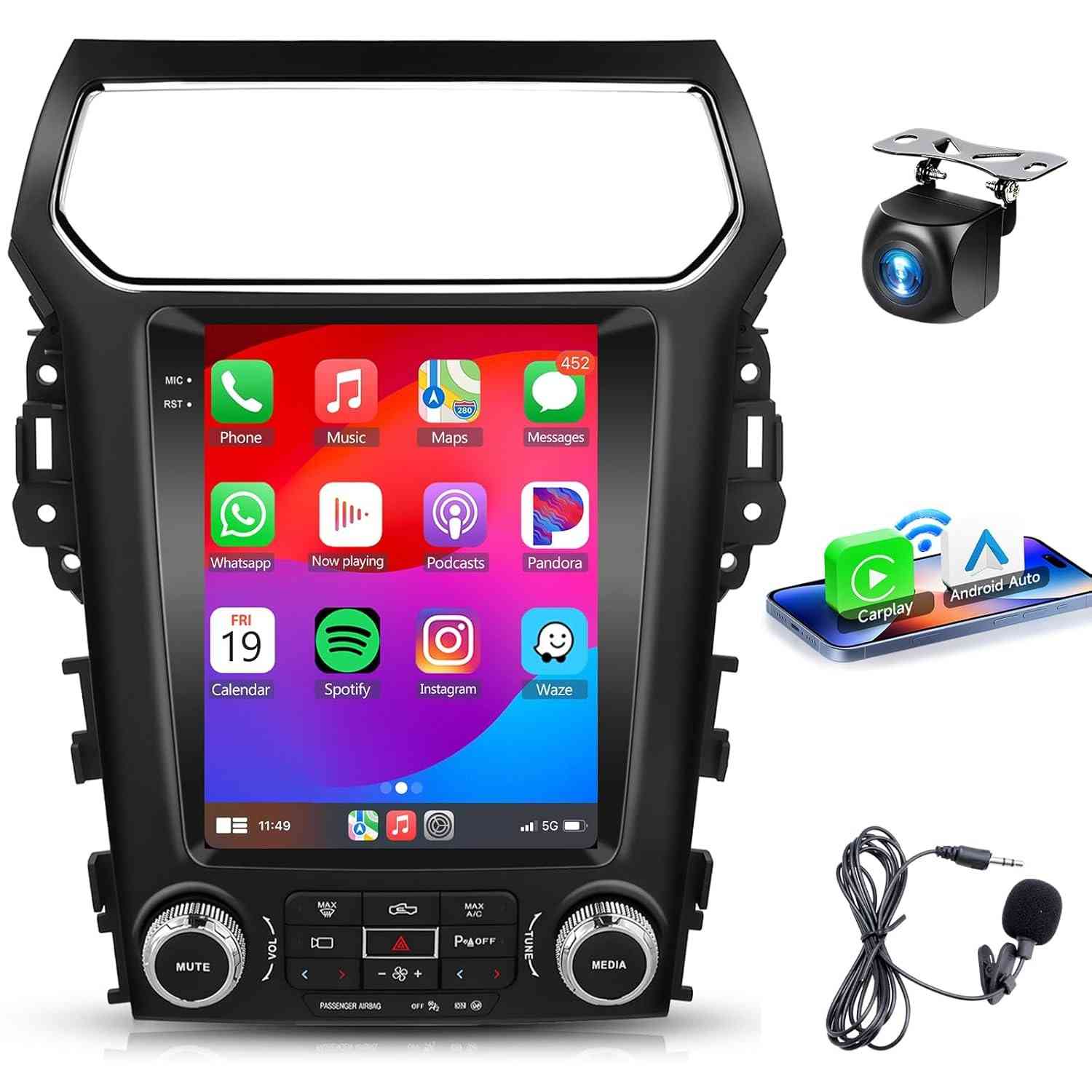 Central Multimídia Android 13 para Ford Explorer (2011-2019) - Tela IPS HD 24.6cm, CarPlay/Android Auto Sem Fio, GPS, WiFi, DSP