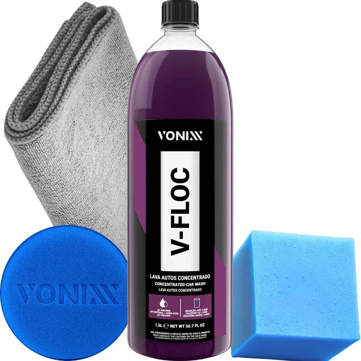Kit Shampoo V-Floc Vonixx 1,5L + Pano e Aplicadores para Lavagem Automotiva Profissional