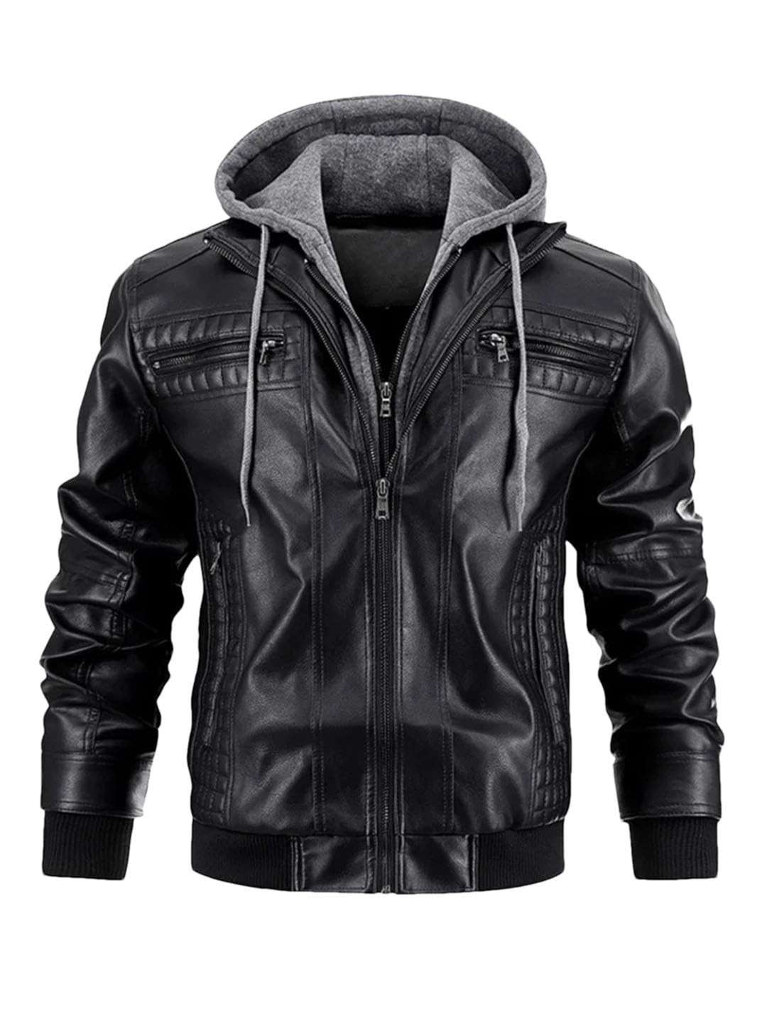 Jaqueta masculina de couro para motocicleta, caimento justo, com capuz, casaco de poliuretano, casual, à prova de vento