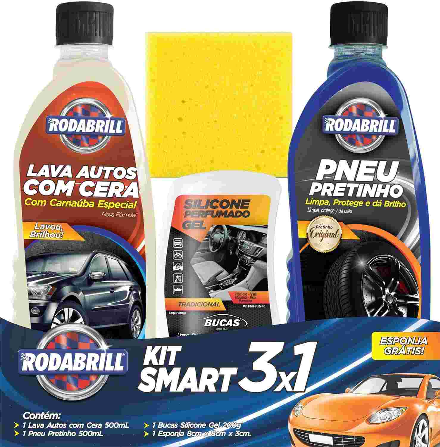 Kit Completo Rodabrill: Lava Autos com Cera, Pretinho para Pneus e Silicone Gel para um Brilho Impecável