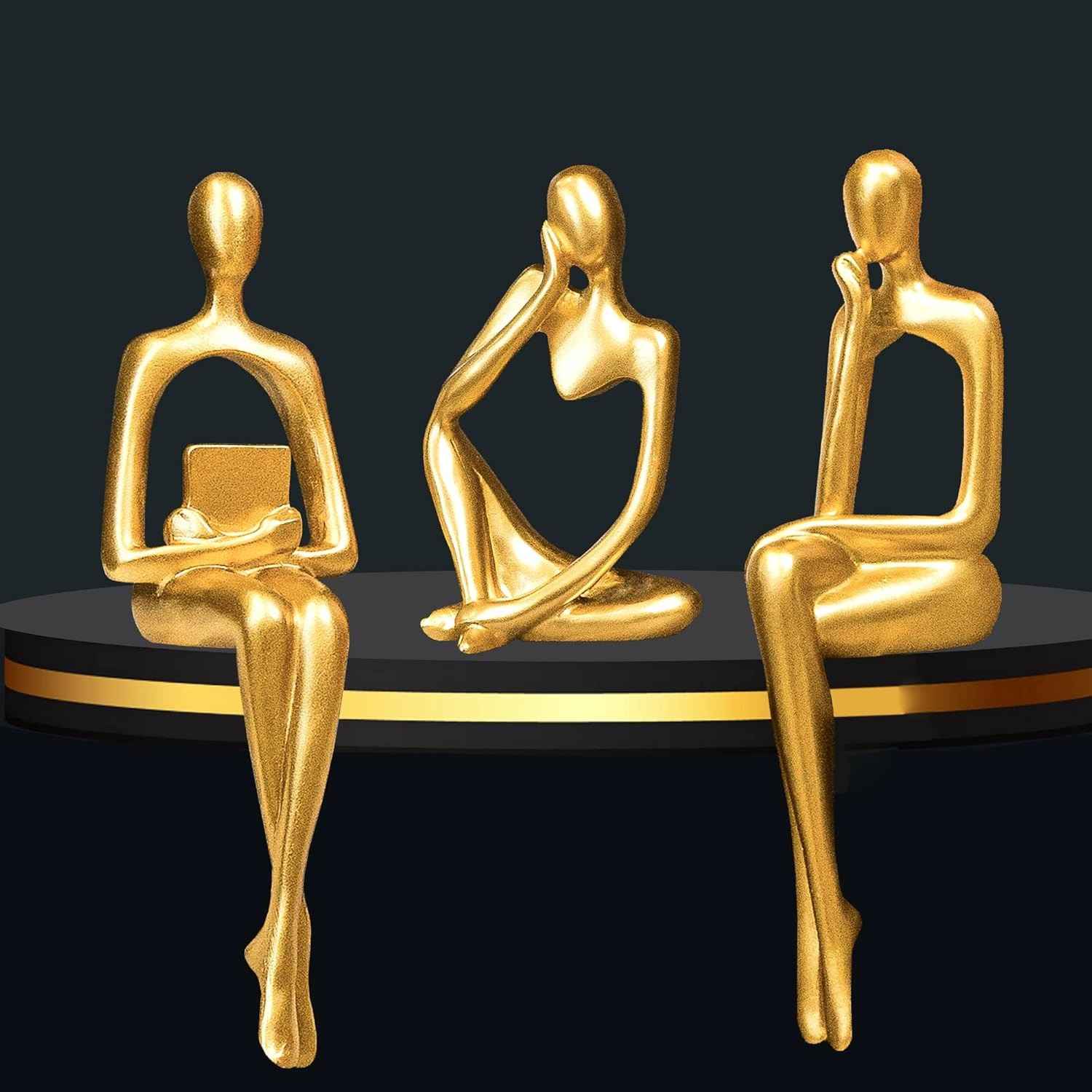 Conjunto de 3 Esculturas Douradas Modernas - Estátuas do Pensador para Decoração de Casa e Escritório