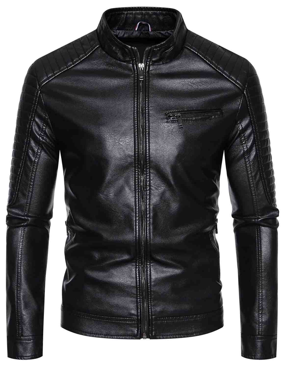 Jaqueta masculina de couro com gola alta, couro sintético leve para motociclista