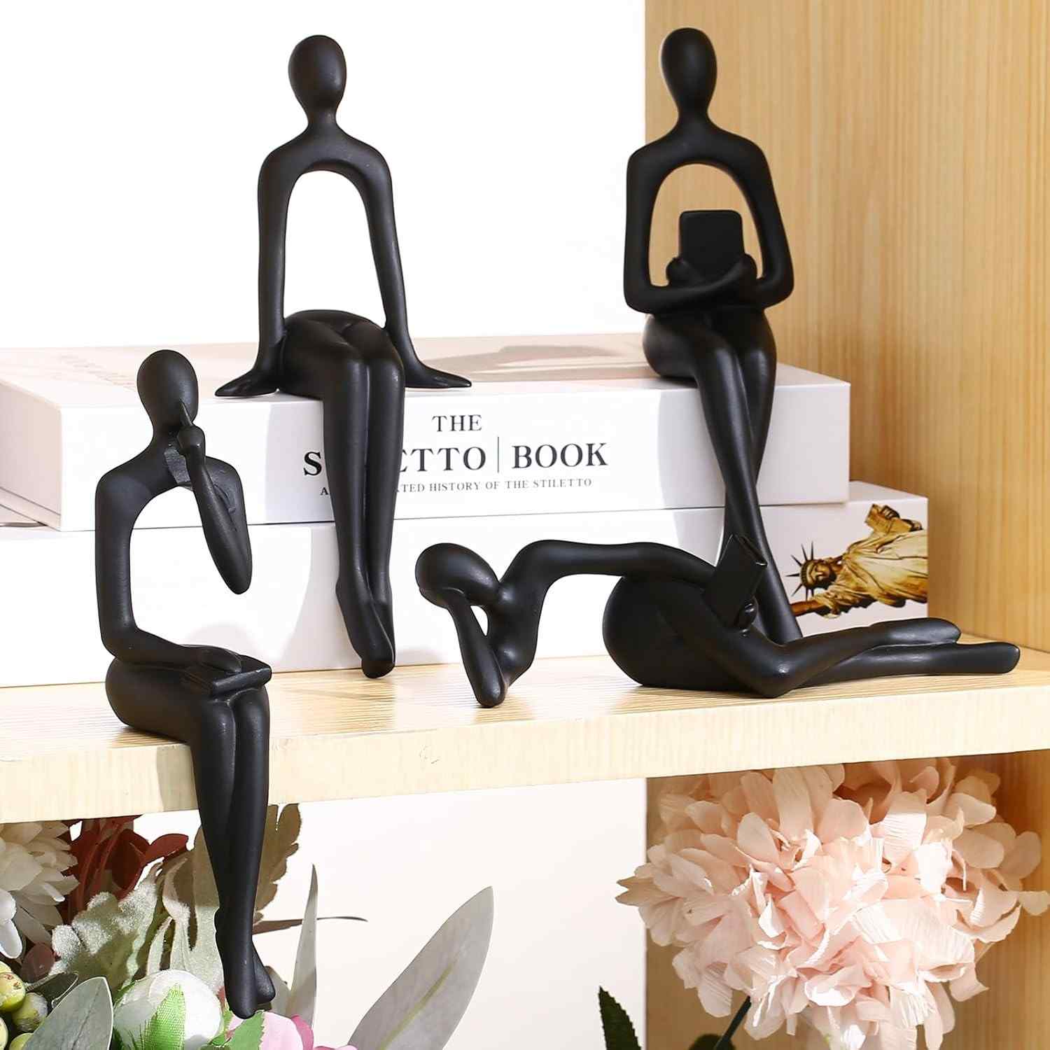 Conjunto de 4 Estátuas de O Pensador Negro - Esculturas de Arte Abstrata para Decoração de Estante