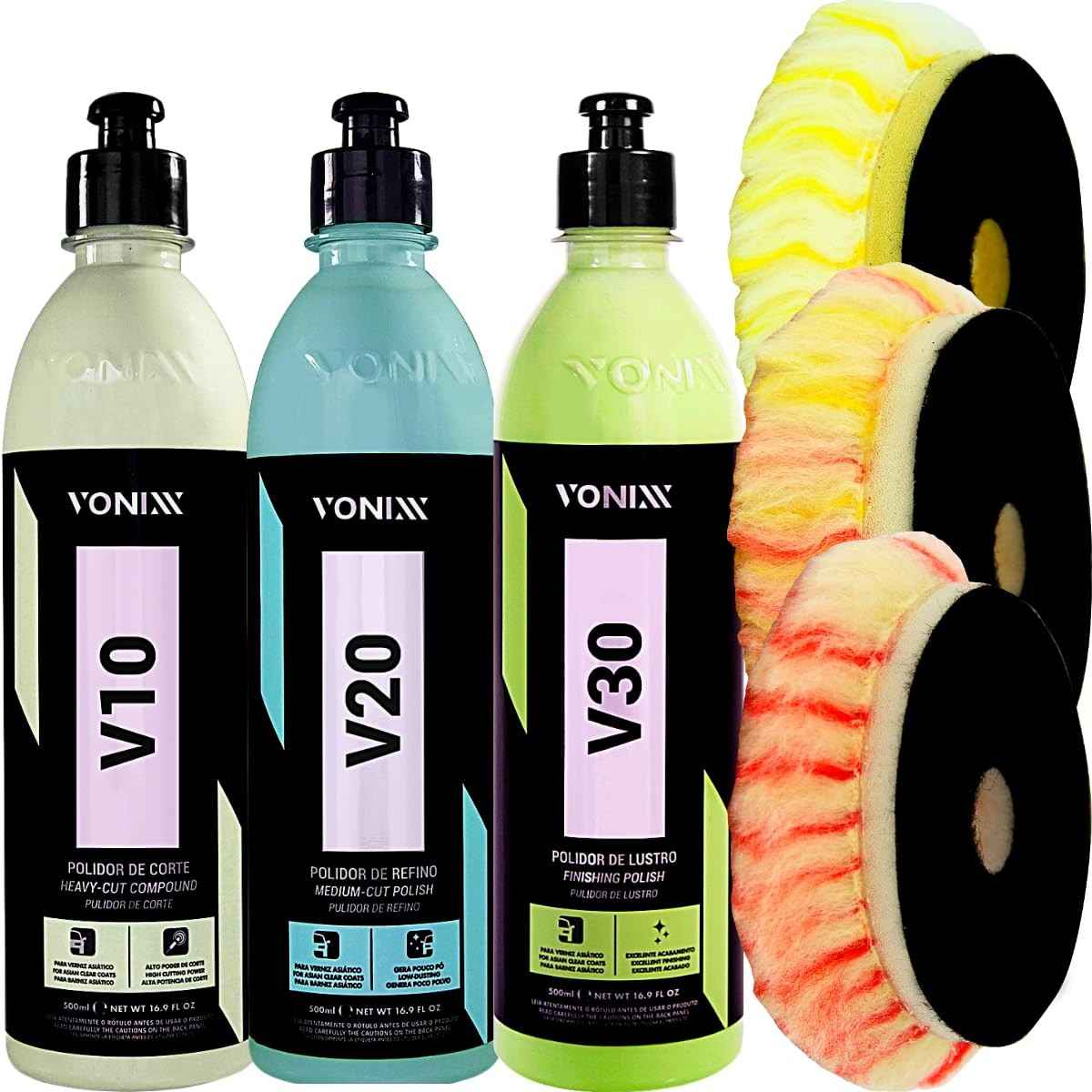 Kit Completo Vonixx V10 V20 V30 + Boinas Lã Pirulito 3,5" - Tratamento Total para Pintura Automotiva