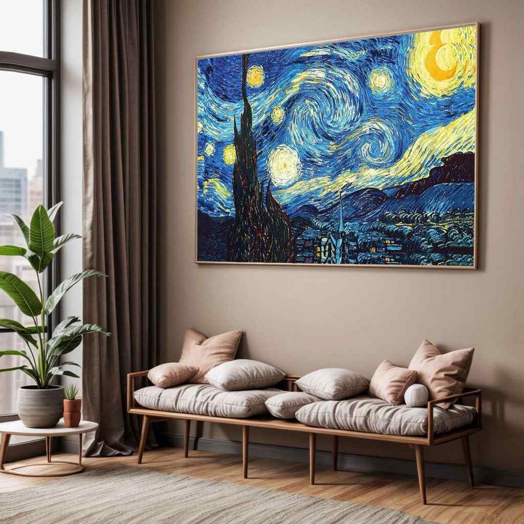 Quadro Noite Estrelada Van Gogh com Moldura - Decoração Artística para Sala e Quarto