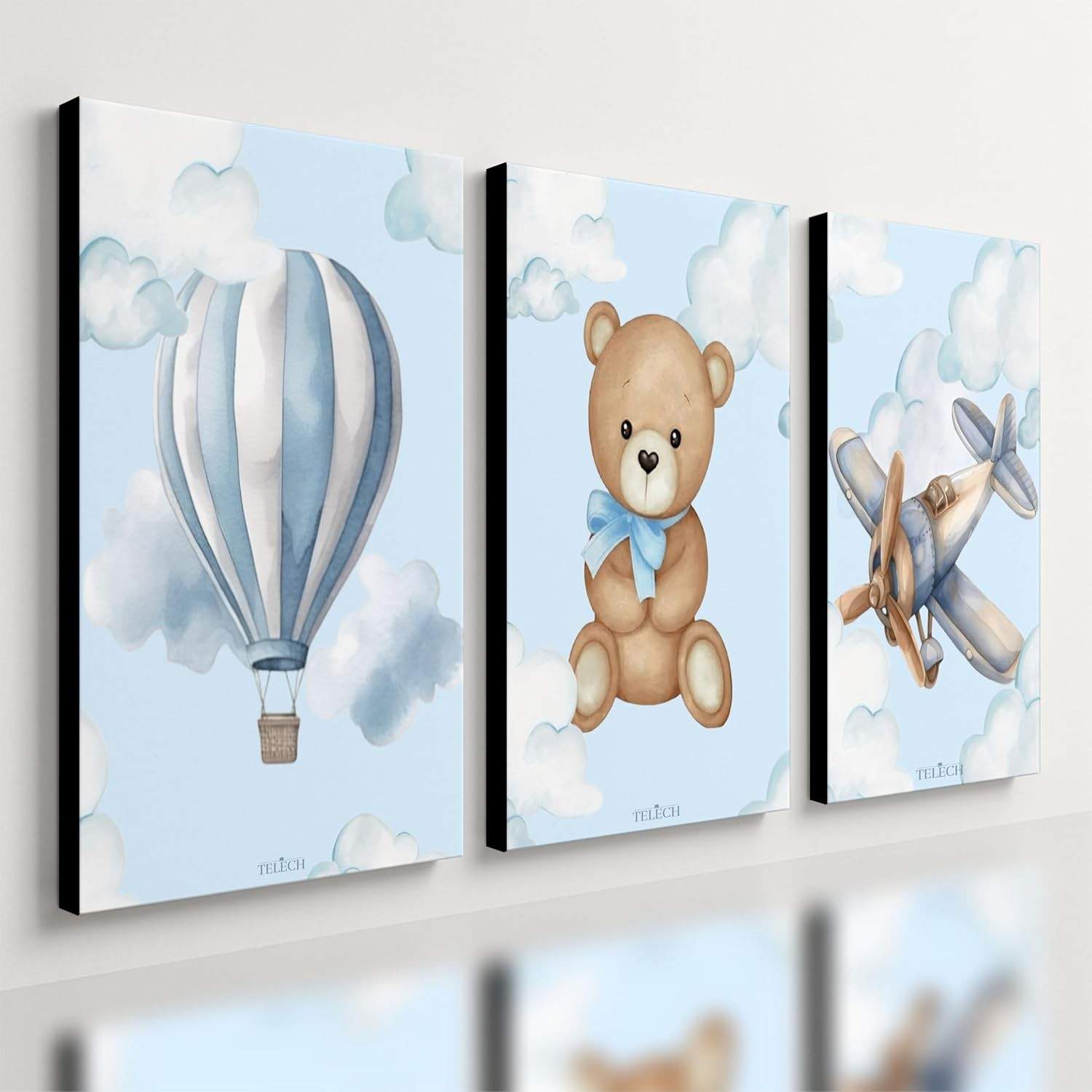 Kit 3 Quadros Decorativos para Quarto de Bebê Menino com Tema Urso Azul - 40x28cm