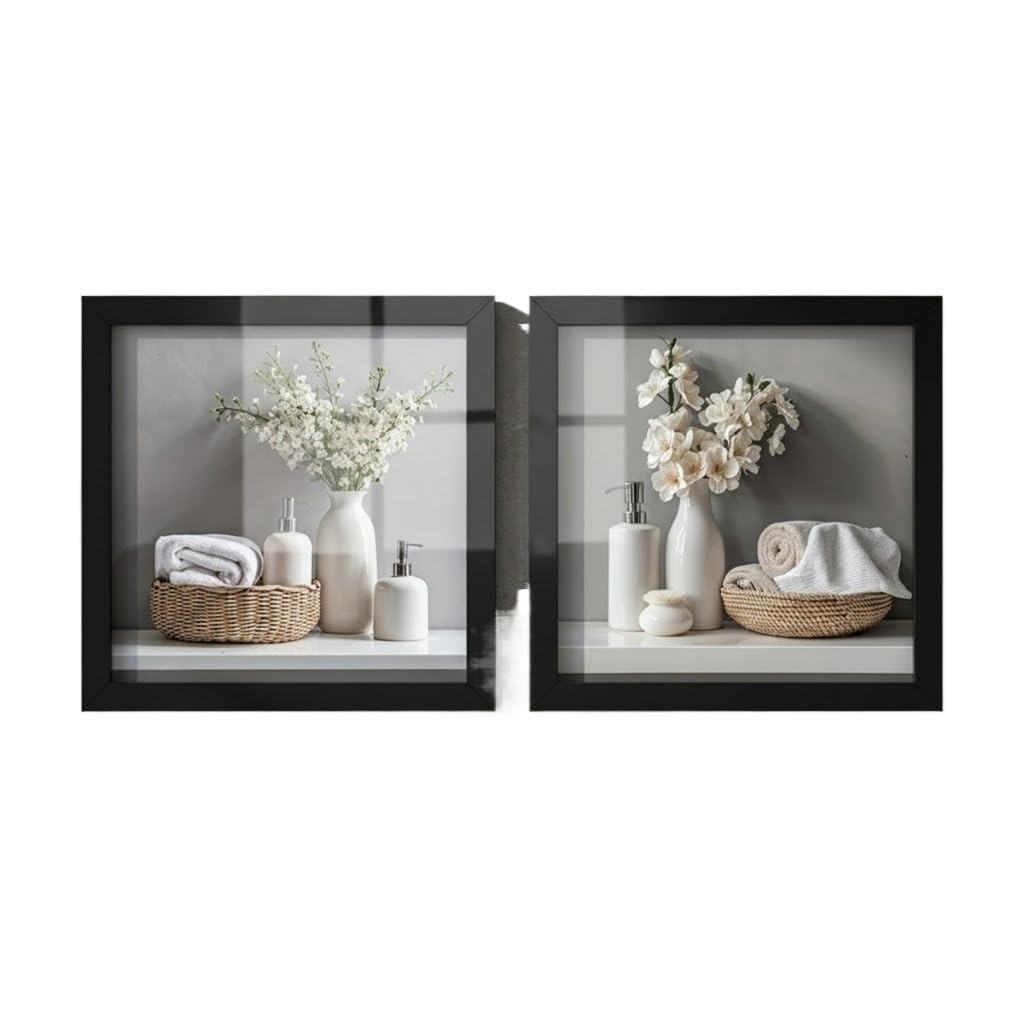 Kit 2 Quadros Decorativos 18x18cm para Banheiro e Lavabo com Tema Flores e Relaxamento