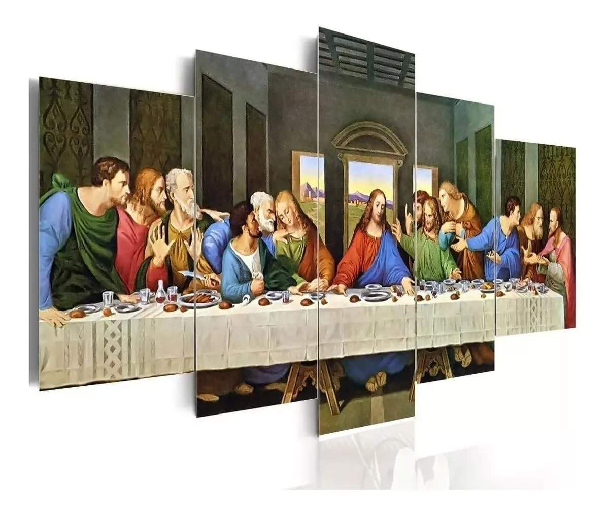 Quadro Decorativo Santa Ceia 5 Peças Mosaico 4K - Arte Sagrada para Sua Casa