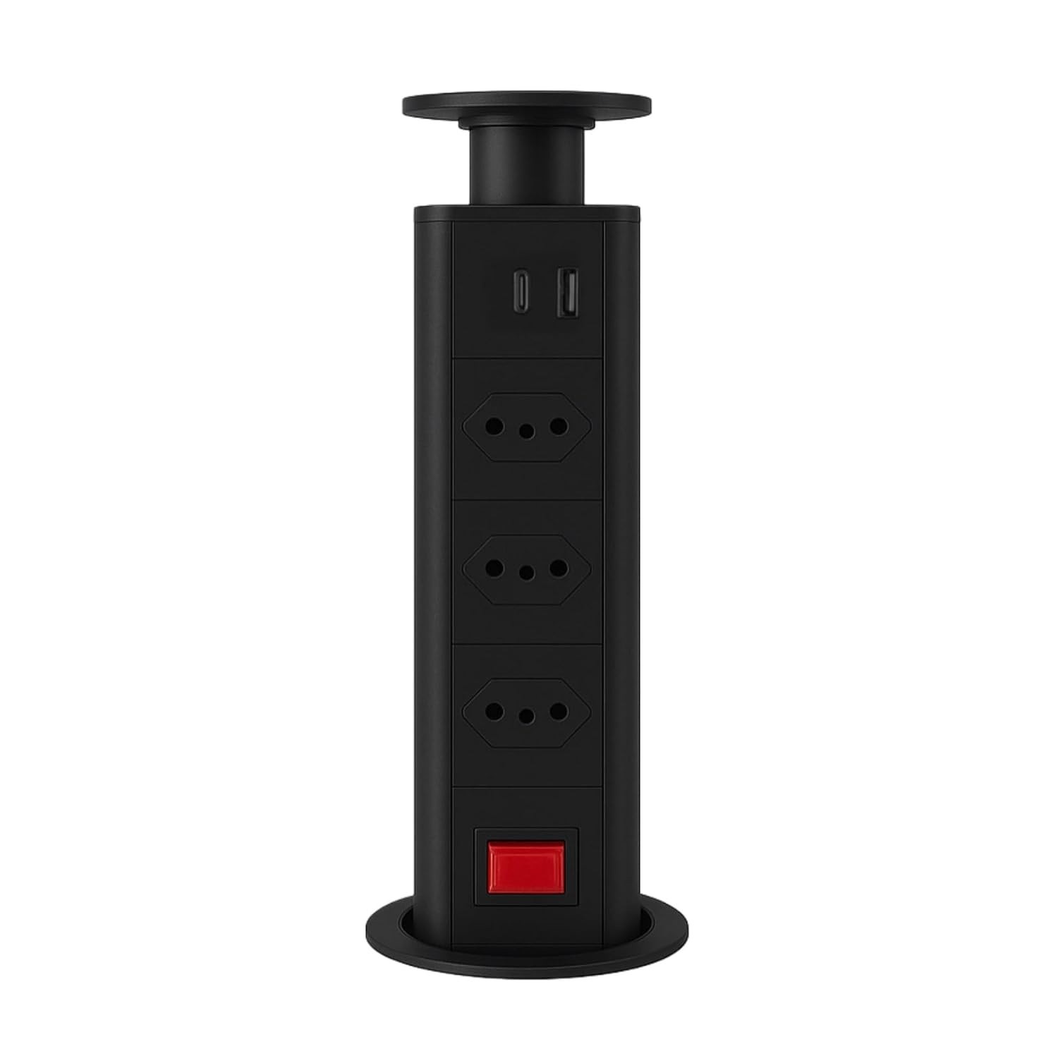 Torre de Tomadas Retrátil Embutir: 3 Tomadas + USB + USB-C para Bancada (Preta)